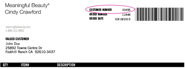 Invoice with customer number for Meaningful Beauty